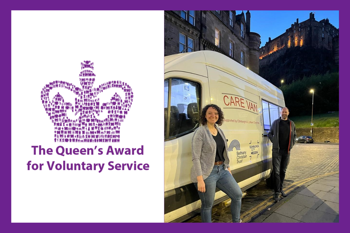 Queen's Award for Voluntary Service emblem next to volunteers at the Care Van in Edinburgh