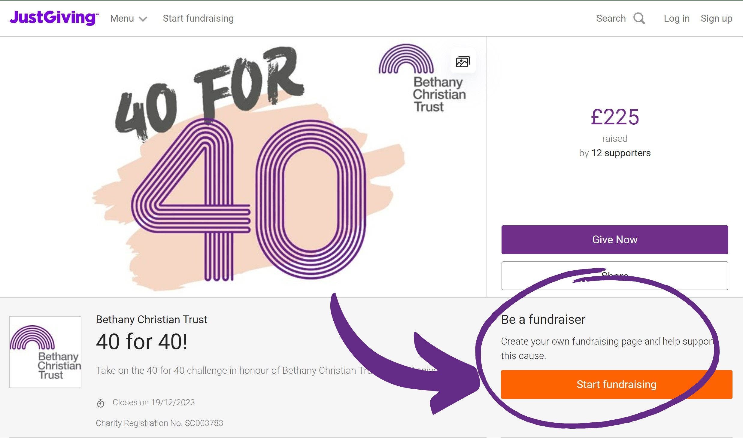 Image shows screenshot of Bethany 40 for 40 JustGiving page, with arrow pointing towards where to click to 'Be a Fundraiser' and set up your JustGiving campaign